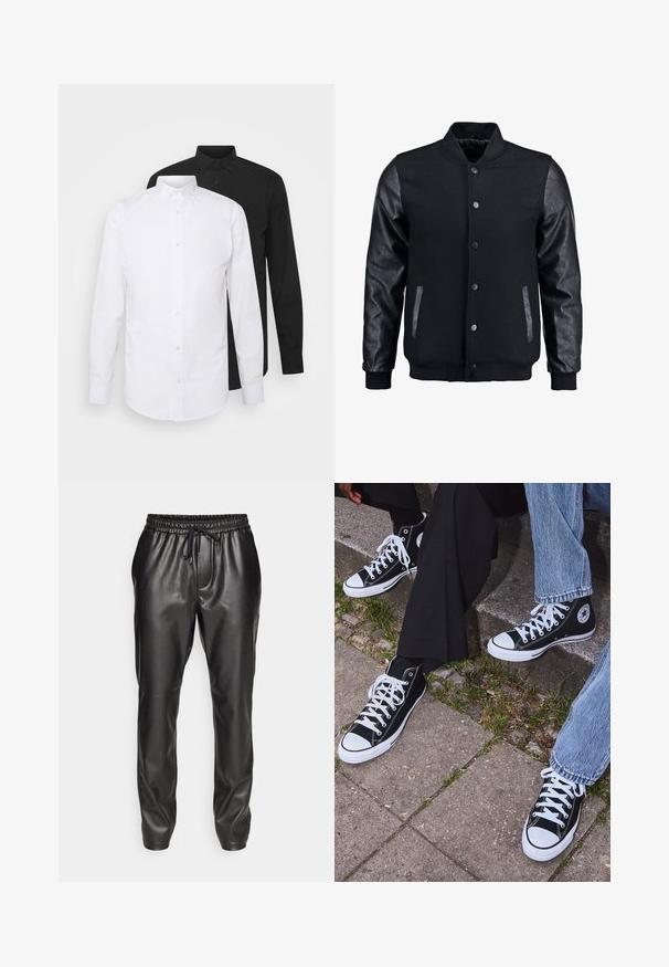 Giubbotto bomber nero con corpo in lana e maniche in pelle. Presenta un colletto alto, bottoni a pressione frontali e tasche laterali. Monocromatico, senza motivi.; Due camicie a maniche lunghe, una bianca e una nera, con colletto a punta e chiusura a bottone, realizzate in tessuto liscio.; Pantaloni jogger neri in pelle con vita elastica e cordino regolabile. Texture liscia, vestibilità affusolata e caviglie con polsini.; Sneakers alti neri in tela con suole e lacci bianchi, dotati di un logo circolare di lato e abbinati a pantaloni in denim e neri.