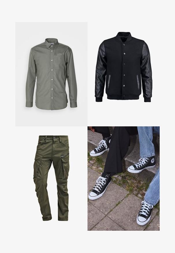 Černá bomber bunda s tělem z vlny a koženými rukávy. Má stojací límec, přední zacvakávací knoflíky a boční kapsy. Jednoduchá barva bez vzorů.; Pánská košile s dlouhým rukávem z olivově zelené látky, s knoflíkovým zapínáním vpředu, rozhaleným límcem a zaoblenými manžetami s jemnou texturou.; Olivově zelené cargo kalhoty vyrobené z pevné bavlny. Obsahují několik kapsiček, boční kapsu na zip a zúžené nohavice s mírně texturovaným povrchem.; Černé kanvasové tenisky s vysokým střihem, bílé gumové podrážky a tkaničky, s kulatým logem na boku a spárované s džíny a černými kalhotami.