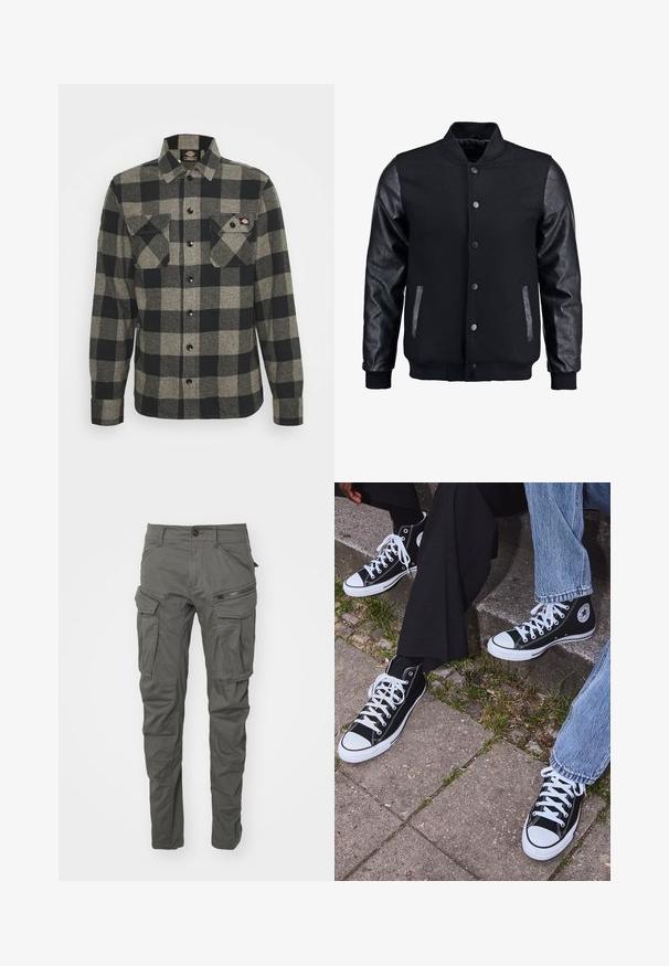 Melns bomber jakas ar vilnas korpusu un ādas piedurknēm. Iespējas ar stāvošu apkakli, priekšējiem pogām un sānu kabatām. Vienkrāsains, bez rakstiem.; Melna un pelēka krekls ar raibu rakstu, ar garām piedurknēm, ar pogām priekšā, divām krūšu kabatām un nedaudz izliekta apakšmalu. Tekstūrēts audums.; Olivzaļš kokvilnas T-krekls ar lielu melnu Levi's logotipu kontrastējošā pusloka formā krūtīs. Parasts piegriezums.; Pelēki kravas bikses, kas izgatavotas no izturīga auduma, ar vairākiem kabatām, ar rāvējslēdzēja akcentiem, pogu aizdari un sašaurinātu kāju dizainu.; Melni augstie kanvas sporta apavi ar baltām gumijas zolemi un šņorēm, ar apļa logotipu sānos, kombinēti ar džinsu un melnām biksēm.