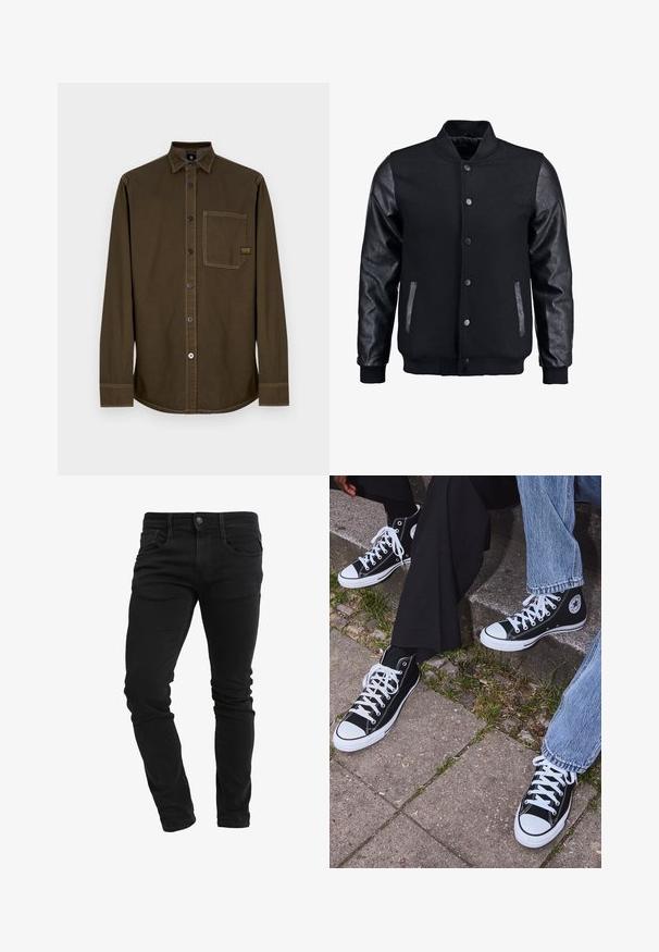 Svart bomberjacka med ullkropp och lädersleeves. Har en stående krage, framknappar med tryckknappar och sidofickor. Enfärgad utan mönster.; Mörkbrun långärmad skjorta med knappar, krage, en bröstficka och synliga sömmar mot en vit bakgrund.; Olivgrön bomullst-shirt med en stor svart Levi's-logotyp i en kontrasterande halvbåge över bröstet. Normal passform.; Slim-fit svarta jeans med framfickor, bälteshandtag, knappstängning och lätt veck längs benen.; Svarta högtopps kanvasskor med vita gummisulor och snören, med en cirkulär logotyp på sidan och kombinerade med jeans och svarta byxor.