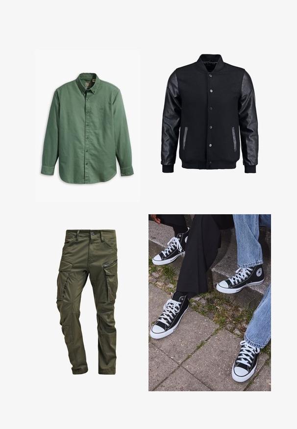 Juodas bomberio tipo švarkas su vilnoniu korpusu ir odinėmis rankovėmis. Savybės: stovintis apykaklė, priekiniai spaudiniai mygtukai ir šoniniai kišenės. Vienodos spalvos, be raštų.; Levi's® AUTHENTIC BUTTON DOWN - Marškiniai - mill forest; Olive spalvos cargo kelnės, pagamintos iš tvirto medvilnės. Yra keletas kišenių, šonu užtraukiama kišenė ir siaurėjančios kojos su šiek tiek tekstūruotu paviršiumi.; Juoda aukšta avalynė iš kanvos su baltais guminiais padais ir raišteliais, su apvaliu logotipu šone, derinama su džinsais ir juodomis kelnėmis.
