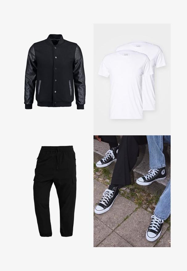 Giubbotto bomber nero con corpo in lana e maniche in pelle. Presenta un colletto alto, bottoni a pressione frontali e tasche laterali. Monocromatico, senza motivi.; Due magliette di cotone bianche a maniche corte, con scollatura rotonda e logo Lee sulle etichette. Texture liscia, vestibilità classica, senza ulteriori motivi.; Pantaloni cargo neri con vita elastica, chiusura con cordoncino e tasche laterali. Gamba affusolata con polsini elastici e texture liscia.; Sneakers alti neri in tela con suole e lacci bianchi, dotati di un logo circolare di lato e abbinati a pantaloni in denim e neri.