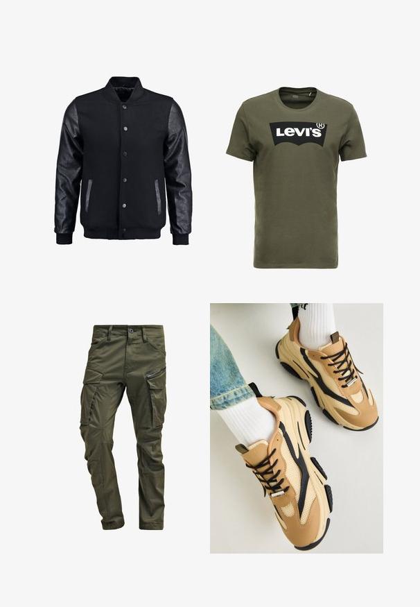 Črna bomberska jakna z volnenim telesom in usnjenimi rokavi. Ima stoječ ovratnik, sprednje snemljive gumbe in stranske žepke. Enobarvna, brez vzorcev.; Olivno zelena bombažna majica s kratkimi rokavi, ki na sprednji strani nosi velik črn logotip Levi's. Klasičen kroj z okroglim izrezom in gladka tekstura.; Olivno zelene cargo hlače iz trdnega bombaža. Imajo več žepov, zip žep na strani in zožene noge z rahlo teksturirano površino.; Steve Madden POSSESS - Športni copati - khaki