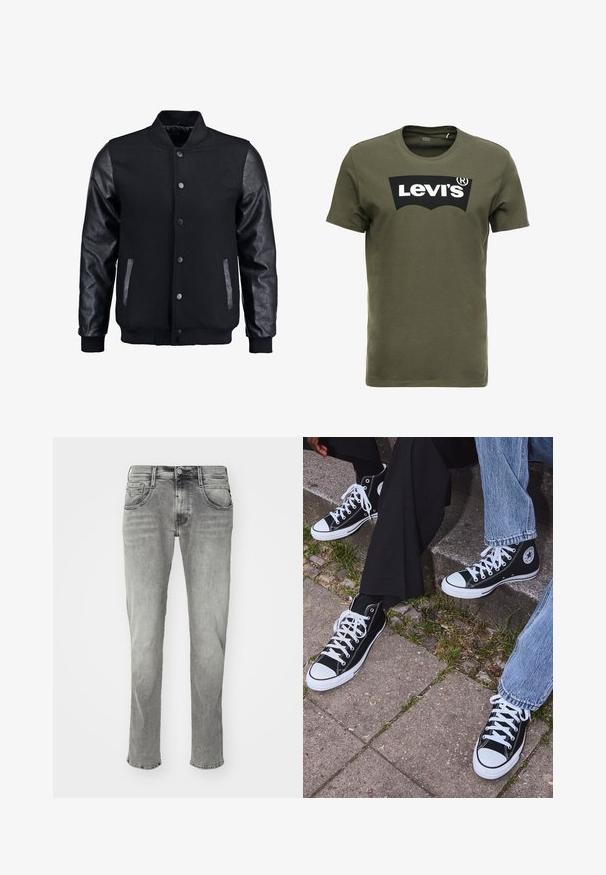 Črna bomberska jakna z volnenim telesom in usnjenimi rokavi. Ima stoječ ovratnik, sprednje snemljive gumbe in stranske žepke. Enobarvna, brez vzorcev.; Olivno zelena bombažna majica s kratkimi rokavi, ki na sprednji strani nosi velik črn logotip Levi's. Klasičen kroj z okroglim izrezom in gladka tekstura.; Sive svetle jeans hlače s ravnim krojem, ki imajo šivane žepe, zapiranje na gumb in subtilno zbledelost po celotni tkanini.; Črne visoke platnene teniske z belimi gumijastimi podplati in vezalkami, z ovalnim logotipom na strani, v kombinaciji z džinsom in črnimi hlačami.