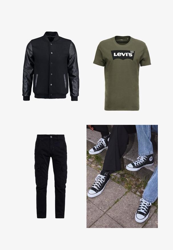 Zwarte bomberjack met een wollen lichaam en leren mouwen. Voorzien van een staande kraag, drukknopen aan de voorkant en zijkanten. Effen kleur zonder patronen.; Olijfgroen katoenen T-shirt met een groot zwart Levi's-logo op de voorkant. Klassieke ronde hals en korte mouwen, gladde textuur.; Zwarte katoenen cargobroek met een slim fit, voorzien van zijzakken en een sluiting met knoop aan de voorkant. Gelaagd, duurzaam materiaal met een veelzijdig ontwerp.; Zwarte canvas sneakers met hoge schacht, witte rubberen zolen en veters, met een cirkelvormig logo aan de zijkant, gecombineerd met denim en zwarte broeken.