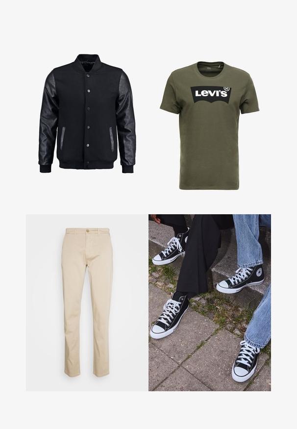 Black bomber jacket with wool body and leather sleeves. Features a standing collar, front snap buttons, and side pockets. Solid color with no patterns.; Olive green cotton t-shirt featuring a large black Levi's logo on the front. Classic crewneck and short sleeves, smooth texture.; Beige cotton chinos with a straight-leg design, featuring a button closure and subtle texture. No visible patterns or accents.; Black high-top canvas sneakers with white rubber soles and laces, featuring a circular logo on the side and paired with denim and black pants.