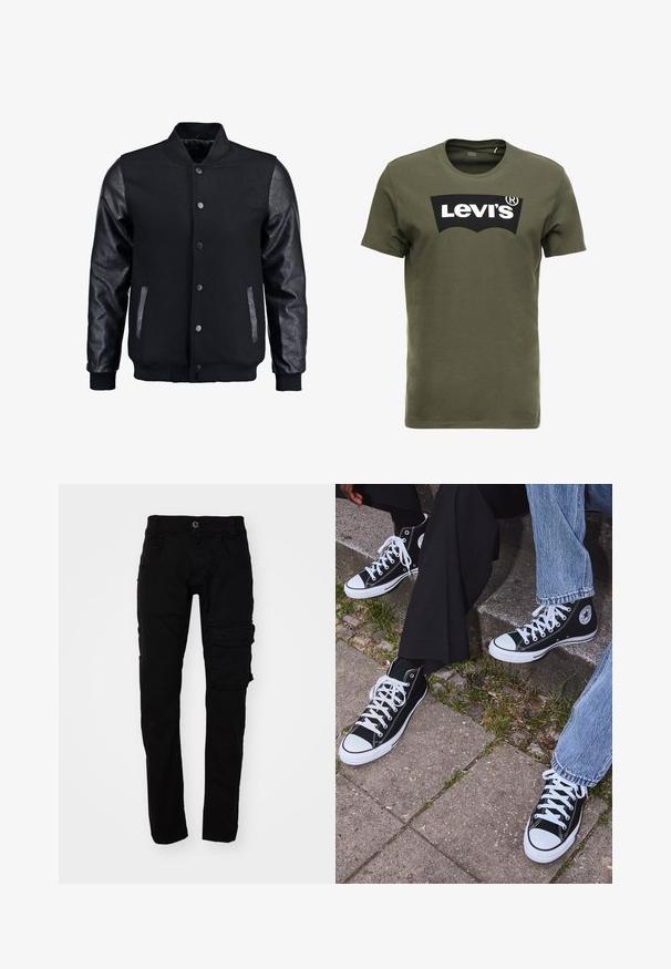 Schwarze Bomberjacke mit Wollkörper und Lederärmeln. Verfügt über einen Stehkragen, vordere Druckknöpfe und Seitentaschen. Einfarbig ohne Muster.; Olivegrünes Baumwoll-T-Shirt mit einem großen schwarzen Levi's-Logo auf der Vorderseite. Klassischer Rundhalsausschnitt und kurze Ärmel, glatte Textur.; Schwarze Cargo-Hosen mit slim Fit, aus strapazierfähigem Baumwollstoff. Verfügt über mehrere Taschen und einen Knopfverschluss an der Taille.; Schwarzecanvas-Sneaker mit hohem Schaft, weißen Gummisohlen und Schnürsenkeln, die ein rundes Logo an der Seite besitzen und mit Denim- sowie schwarzen Hosen kombiniert sind.