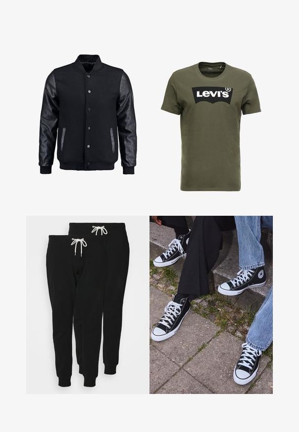 Sort bomberjakke med uldkrop og læderærmer. Har en stående krave, frontknapper og sidelommer. Ensfarvet uden mønstre.; Oliven grøn bomulds t-shirt med et stort sort Levi's logo på forsiden. Klassisk rund hals og korte ærmer, glat tekstur.; Svarte bomulds sweatpants med snor i taljen, tapered ben og ribbede manchetter; viser to par.; Sorte høje canvas sneakers med hvide gummisåler og snørebånd, prydet med et cirkulært logo på siden og parret med denim og sorte bukser.