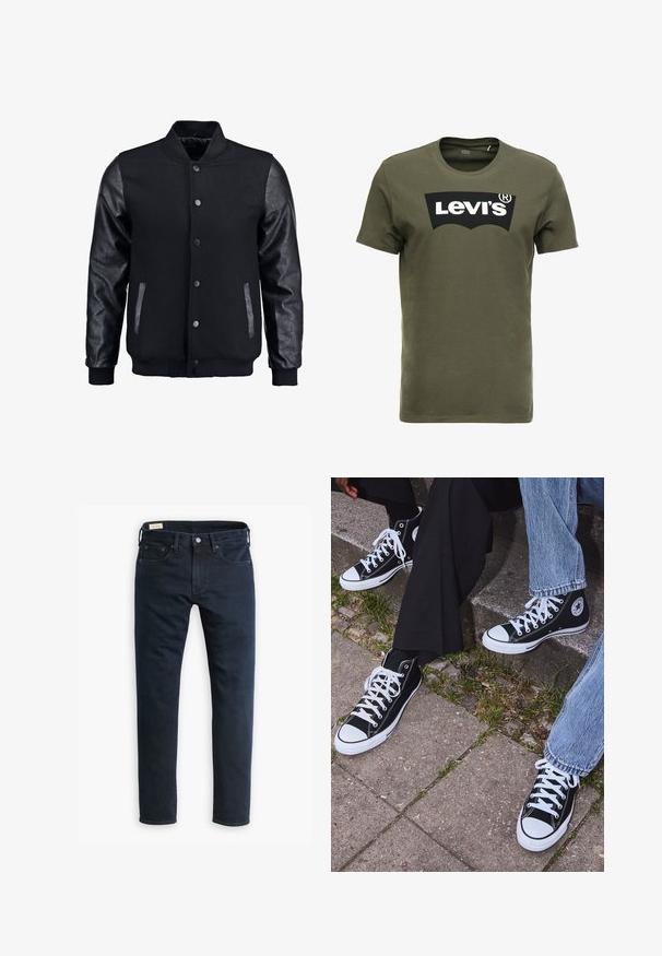 Jachetă bomber neagră cu corp din lână și mâneci din piele. Dispune de un guler în picioare, nasturi pe partea din față și buzunare laterale. Culoare solidă, fără modele.; Tricou din bumbac de culoare verde măsliniu, cu un mare logo negru Levi's pe față. Guler clasic și mâneci scurte, textură netedă.; Jeans din denim de un albastru închis, cu croială dreaptă, design clasic cu cinci buzunare și închidere cu buton metalic. Prezintă cusături subtile și o textură moale.; Sneakers negre din pânză până la glezne cu tălpi și șireturi albe, având un logo circular pe lateral și purtate cu blugi și pantaloni negri.