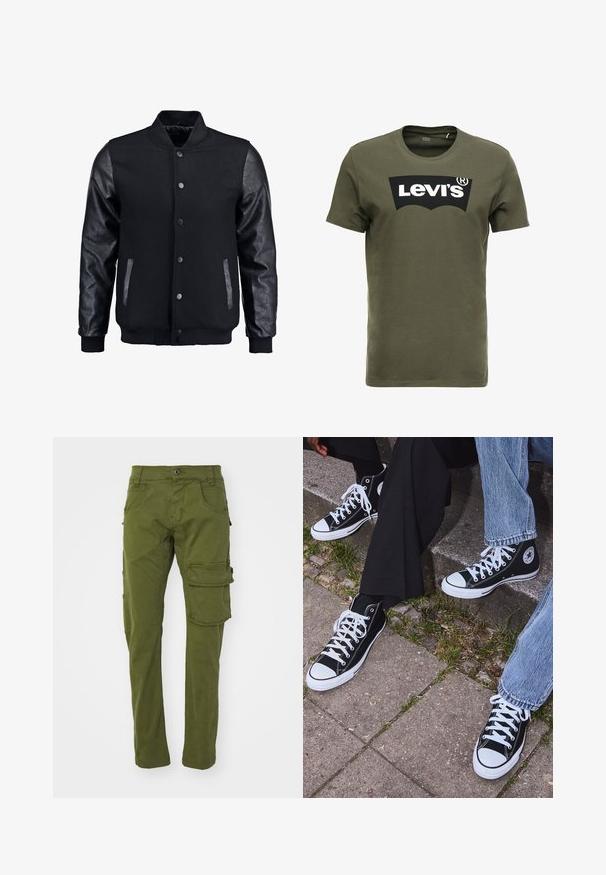 Čierna bomber bunda s vlneným telom a koženými rukávmi. Má stojačikový golier, predné patentky a bočné vrecká. Jednofarebná bez vzorov.; Olive zelené bavlnené tričko s veľkým čiernym logom Levi's na prednej strane. Klasický kruhový výstrih a krátke rukávy, hladká textúra.; Olivovo zelené cargo nohavice vyrobené z bavlny, s dvoma bočnými vreckami a veľkým cargo vreckom na pravej nohe, v strihu so vzpriamenými nohami.; Čierne vysoké plátenné tenisky s bielymi gumovými podrážkami a šnúrkami, s okrúhlym logom na boku, skombinované s džínsami a čiernymi nohavicami.
