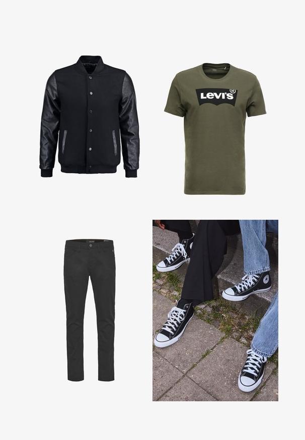Czarna kurtka bombowca z wełnianym korpusem i skórzanymi rękawami. Posiada stójkę, zapięcie na napy z przodu i boczne kieszenie. Jednolity kolor, bez wzorów.; T-shirt w oliwkowym kolorze z bawełny z dużym czarnym logo Levi's z przodu. Klasyczny okrągły dekolt i krótkie rękawy, gładka tekstura.; Czarne spodnie z mieszanki bawełny o dopasowanym kroju, z pięcioma kieszeniami, z przodem na guzik i zamek błyskawiczny, z delikatnymi detalami przeszycia.; Czarne wysokie trampki z kanwy z białymi gumowymi podeszwami i sznurówkami, z okrągłym logo z boku, w zestawie z dżinsami i czarnymi spodniami.