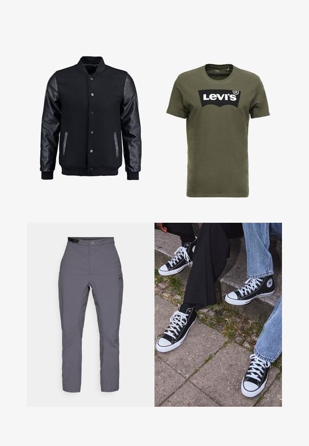Giubbotto bomber nero con corpo in lana e maniche in pelle. Presenta un colletto alto, bottoni a pressione frontali e tasche laterali. Monocromatico, senza motivi.; T-shirt di cotone verde oliva con un grande logo nero di Levi's sul davanti. Collo girocollo classico e maniche corte, consistenza liscia.; Pantaloni grigi realizzati in un tessuto leggero e textured. Caratterizzati da una chiusura con bottone, passanti per la cintura e un logo discreto sulla coscia. Vestibilità a gamba dritta.; Sneakers alti neri in tela con suole e lacci bianchi, dotati di un logo circolare di lato e abbinati a pantaloni in denim e neri.