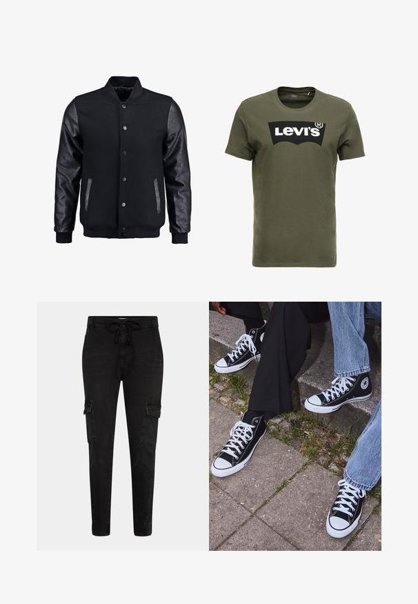 Crna bomber jakna s vunenim tijelom i kožnim rukavima. Ima stojeći ovratnik, prednje dugmadi na snap i bočne džepove. Jednobojna bez uzoraka.; Maslinasto zelena pamučna majica s velikim crnim Levi's logotipom sprijeda. Klasični okrugli izrez i kratki rukavi, glatka tekstura.; Crne cargo hlače od denima, s podesivim strukom, suženim nogavicama i bočnim džepovima s preklopima za pohranu.; Crne visoke platnene tenisice s bijelim gumama i vezicama, sa kružnim logom sa strane, u kombinaciji s trapericama i crnim hlačama.