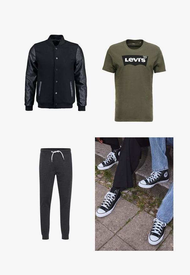 Schwarze Bomberjacke mit Wollkörper und Lederärmeln. Verfügt über einen Stehkragen, vordere Druckknöpfe und Seitentaschen. Einfarbig ohne Muster.; Olivegrünes Baumwoll-T-Shirt mit einem großen schwarzen Levi's-Logo auf der Vorderseite. Klassischer Rundhalsausschnitt und kurze Ärmel, glatte Textur.; Dunkelgraue Sweatpants aus weichem Material, mit einer weißen Kordel, tapered Knöcheln und einem schlichten Design ohne Taschen.; Schwarzecanvas-Sneaker mit hohem Schaft, weißen Gummisohlen und Schnürsenkeln, die ein rundes Logo an der Seite besitzen und mit Denim- sowie schwarzen Hosen kombiniert sind.