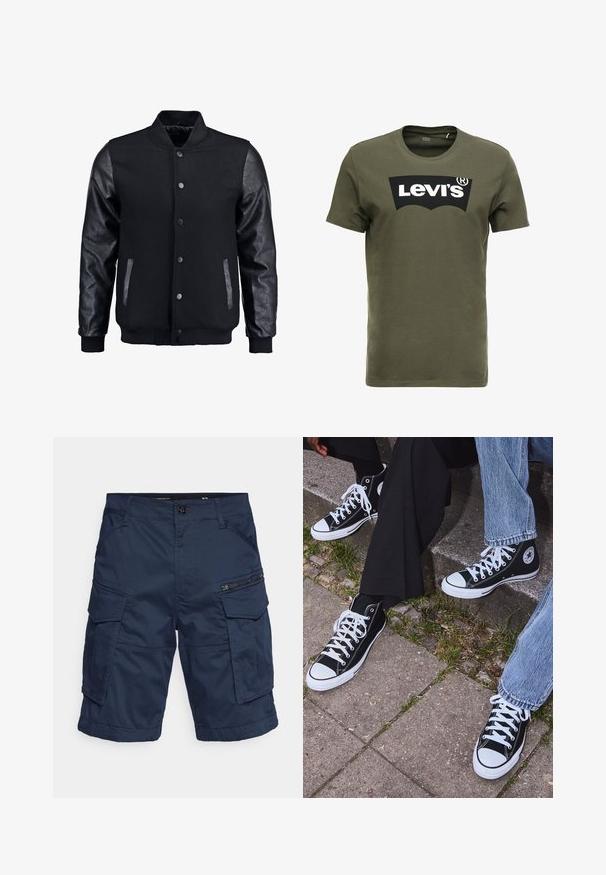 Melns bomber jakas ar vilnas korpusu un ādas piedurknēm. Iespējas ar stāvošu apkakli, priekšējiem pogām un sānu kabatām. Vienkrāsains, bez rakstiem.; Olīvu zaļš kokvilnas T-krekls ar lielu melnu Levi's logo priekšpusē. Klasisks apaļais kakls un īsas piedurknes, gluda tekstūra.; Tumši zilie cargo šorti ar vairākiem kabatām, rāvējslēdzēju akcentiem un pogu aizdari. Izgatavoti no izturīga, viegla auduma, kas nodrošina daudzpusību.; Melni augstie kanvas sporta apavi ar baltām gumijas zolemi un šņorēm, ar apļa logotipu sānos, kombinēti ar džinsu un melnām biksēm.