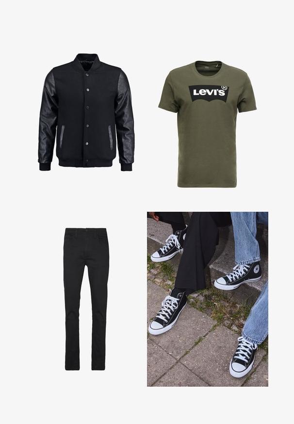Czarna kurtka bombowca z wełnianym korpusem i skórzanymi rękawami. Posiada stójkę, zapięcie na napy z przodu i boczne kieszenie. Jednolity kolor, bez wzorów.; T-shirt w oliwkowym kolorze z bawełny z dużym czarnym logo Levi's z przodu. Klasyczny okrągły dekolt i krótkie rękawy, gładka tekstura.; Czarne dżinsy wąskie, z pięcioma kieszeniami, zapinane na guzik z przodu, z przeszyciami wzdłuż szwów.; Czarne wysokie trampki z kanwy z białymi gumowymi podeszwami i sznurówkami, z okrągłym logo z boku, w zestawie z dżinsami i czarnymi spodniami.