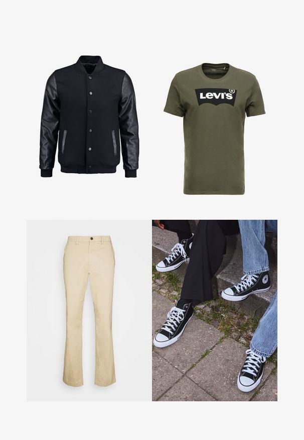 Mustmust on musta jope, millel on villane keha ja nahkvarrukad. Omab seisvat kraed, esisiidme nööpe ja küljetaskuid. Ühtlane värv, ilma mustriteta.; Oliivroheline puuvillane T-särk, mille esiküljel on suur must Levi's logo. K klassikaline ümmargune kaelus ja lühikesed varrukad, sile tekstuur.; Beige helkuritega püksid, mis on valmistatud puuvillast, ees on nupulukuga, vöökoha silmadega ja siledast tekstuurist. Kohandatud sobivus, sirged jalad.; Mustad musta värvi kõrged kanvasist tossud valgete kummitaldade ja nööridega, külgedel ringikujuline logo ning kombineeritud denimist ja mustade pükstega.