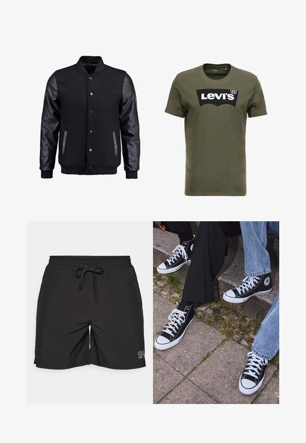 Musta pommittaja takki, jossa villakangasrunko ja nahkahihat. Varustettu pystykovalla, etupainonapeilla ja sivutaskuilla. Yksivärinen, ilman kuvioita.; Oliivinvihreä puuvillapaidan t-paita, jossa on suuri musta Levi's-logo edessä. Klassinen pyöreä kaula-aukko ja lyhyet hihat, sileä tekstuuri.; Mustat shortsit, jotka on valmistettu pehmeästä kankaasta, jossa on joustava vyötärö ja nauha, sekä sivuhalkiot liikkumisen helpottamiseksi.; Mustat korkeat kangaslenkkarit, joissa on valkoiset kumipohjat ja nauhat, sivussa on pyöreä logo, ja ne on yhdistetty farkkuihin ja mustiin housuihin.