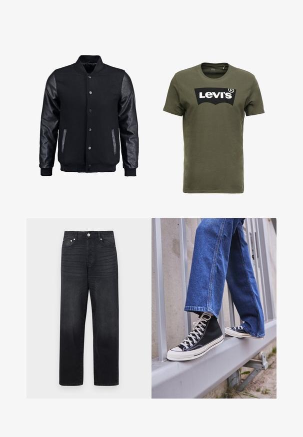 Blouson noir avec corps en laine et manches en cuir. Présente un col montant, des boutons-pression à l'avant et des poches latérales. Couleur unie sans motifs.; T-shirt en coton vert olive avec un grand logo noir Levi's sur le devant. Col rond classique et manches courtes, texture lisse.; Jean en denim noir avec une coupe droite, design à cinq poches, fermeture à bouton en métal et décoloration subtile du tissu.; Baskets montantes noires avec semelle et lacets blancs, associées à un jean en denim bleu décontracté, reposant sur un garde-corps gris.