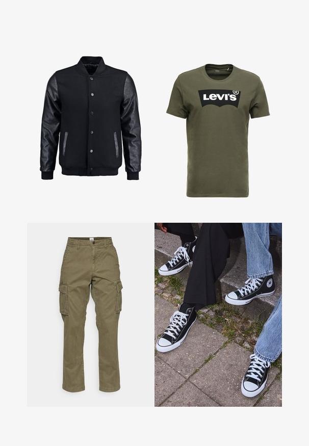 Černá bomber bunda s tělem z vlny a koženými rukávy. Má stojací límec, přední zacvakávací knoflíky a boční kapsy. Jednoduchá barva bez vzorů.; Olivově zelené bavlněné tričko s velkým černým logem Levi's na přední straně. Klasický kulatý výstřih a krátké rukávy, hladká textura.; Olivově zelené cargo kalhoty vyrobené z bavlny, s rovnými nohavicemi, bočními kapsami a decentními švy. Textura je hladká, s odolnou tkaninou.; Černé kanvasové tenisky s vysokým střihem, bílé gumové podrážky a tkaničky, s kulatým logem na boku a spárované s džíny a černými kalhotami.