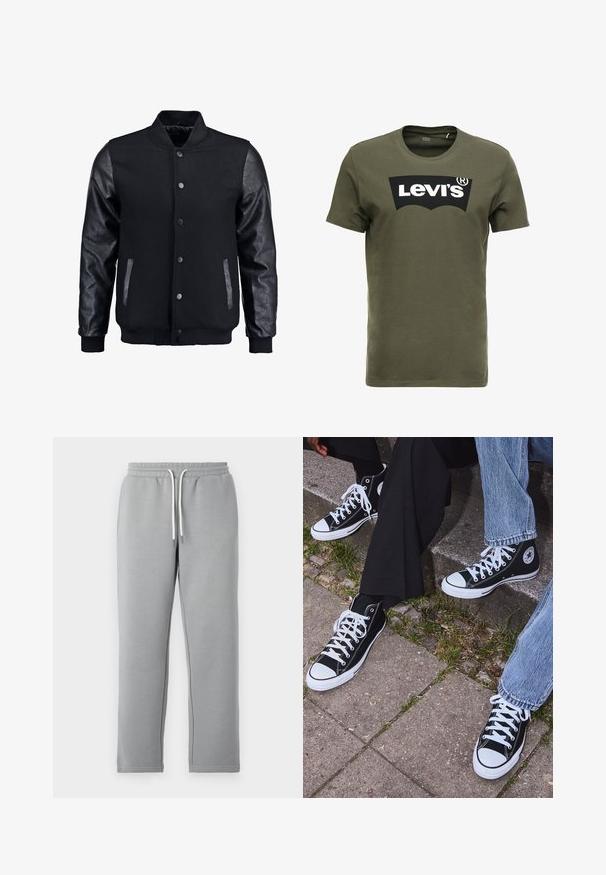 Black bomber jacket with wool body and leather sleeves. Features a standing collar, front snap buttons, and side pockets. Solid color with no patterns.; Olive green cotton t-shirt featuring a large black Levi's logo on the front. Classic crewneck and short sleeves, smooth texture.; Gray sweatpants made of soft fabric, featuring an elastic waistband with white drawstrings, straight legs, and no visible pockets.; Black high-top canvas sneakers with white rubber soles and laces, featuring a circular logo on the side and paired with denim and black pants.