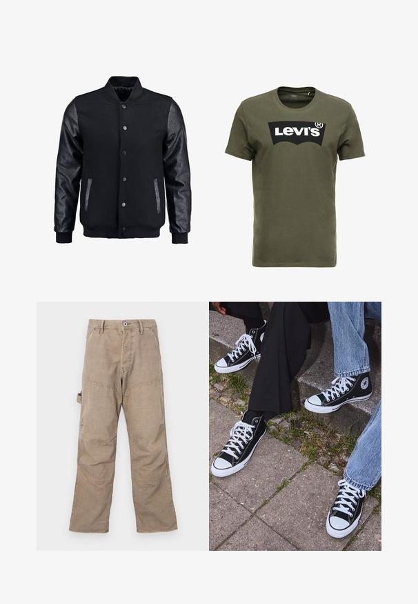 Blouson noir avec corps en laine et manches en cuir. Présente un col montant, des boutons-pression à l'avant et des poches latérales. Couleur unie sans motifs.; T-shirt en coton vert olive avec un grand logo noir Levi's sur le devant. Col rond classique et manches courtes, texture lisse.; Pantalons cargo marron avec des coutures visibles, jambes larges et quatre poches. Fabriqués en tissu robuste, avec une légère texture et une fermeture à bouton.; Baskets montantes en toile noires avec semelles et lacets en caoutchouc blancs, arborant un logo circulaire sur le côté et associées à un jean et un pantalon noir.