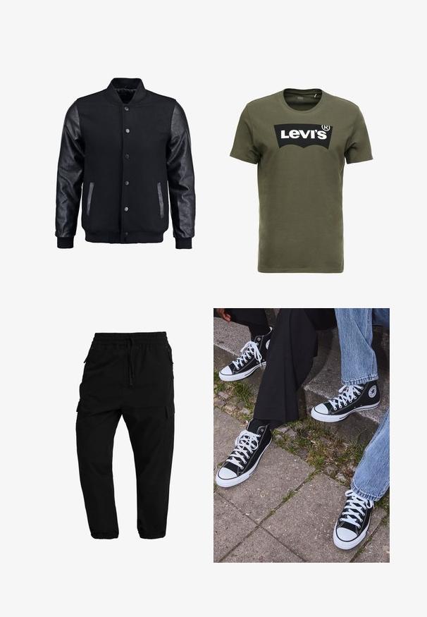 Giubbotto bomber nero con corpo in lana e maniche in pelle. Presenta un colletto alto, bottoni a pressione frontali e tasche laterali. Monocromatico, senza motivi.; T-shirt di cotone verde oliva con un grande logo nero di Levi's sul davanti. Collo girocollo classico e maniche corte, consistenza liscia.; Pantaloni cargo neri con vita elastica, chiusura con cordoncino e tasche laterali. Gamba affusolata con polsini elastici e texture liscia.; Sneakers alti neri in tela con suole e lacci bianchi, dotati di un logo circolare di lato e abbinati a pantaloni in denim e neri.