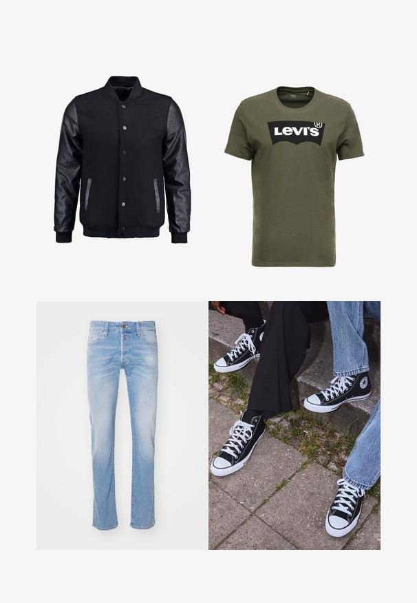 Črna bomberska jakna z volnenim telesom in usnjenimi rokavi. Ima stoječ ovratnik, sprednje snemljive gumbe in stranske žepke. Enobarvna, brez vzorcev.; Olivno zelena bombažna majica s kratkimi rokavi, ki na sprednji strani nosi velik črn logotip Levi's. Klasičen kroj z okroglim izrezom in gladka tekstura.; Svijetloplave traperice, ravnog kroja, izblijedjeli izgled, prednje džepove, zatvaranje na jedan gumb, crvena dekorativna šav na struku.; Črne visoke platnene teniske z belimi gumijastimi podplati in vezalkami, z ovalnim logotipom na strani, v kombinaciji z džinsom in črnimi hlačami.