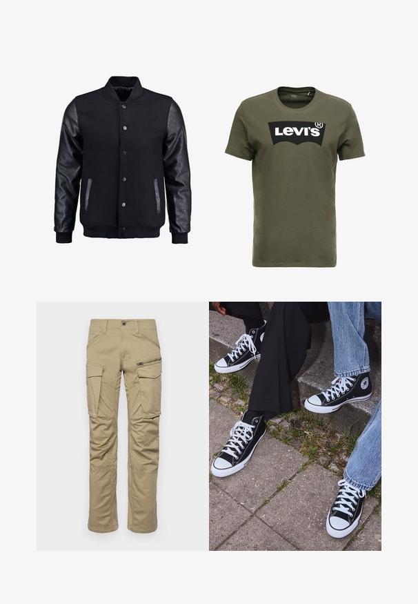 Černá bomber bunda s tělem z vlny a koženými rukávy. Má stojací límec, přední zacvakávací knoflíky a boční kapsy. Jednoduchá barva bez vzorů.; Olivově zelené bavlněné tričko s velkým černým logem Levi's na přední straně. Klasický kulatý výstřih a krátké rukávy, hladká textura.; Beige cargo kalhoty s několika kapsami, včetně dvou bočních cargo kapes a jedné přední kapsy na zip. Vyrobeno z odolné tkaniny, rovný střih.; Černé kanvasové tenisky s vysokým střihem, bílé gumové podrážky a tkaničky, s kulatým logem na boku a spárované s džíny a černými kalhotami.