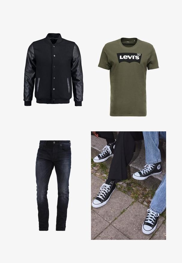 Black bomber jacket with wool body and leather sleeves. Features a standing collar, front snap buttons, and side pockets. Solid color with no patterns.; Olive green cotton t-shirt featuring a large black Levi's logo on the front. Classic crewneck and short sleeves, smooth texture.; Dark blue slim-fit jeans with slight fading on thighs and knees, featuring front pockets, belt loops, and a button closure.; Black high-top canvas sneakers with white rubber soles and laces, featuring a circular logo on the side and paired with denim and black pants.