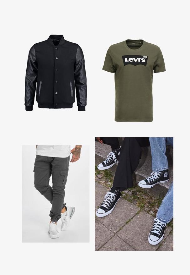 Musta pommittaja takki, jossa villakangasrunko ja nahkahihat. Varustettu pystykovalla, etupainonapeilla ja sivutaskuilla. Yksivärinen, ilman kuvioita.; Oliivinvihreä puuvillapaidan t-paita, jossa on suuri musta Levi's-logo edessä. Klassinen pyöreä kaula-aukko ja lyhyet hihat, sileä tekstuuri.; Harmaat cargo-housut useilla taskuilla, kapeneva lahje ja säädettävät hihnat, yhdistettynä valkoisiin tennareihin mustilla yksityiskohdilla ja läpinäkyvillä pohjilla.; Mustat korkeat kangaslenkkarit, joissa on valkoiset kumipohjat ja nauhat, sivussa on pyöreä logo, ja ne on yhdistetty farkkuihin ja mustiin housuihin.