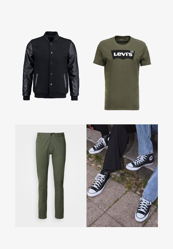 Crna bomber jakna s vunenim tijelom i kožnim rukavima. Ima stojeći ovratnik, prednje dugmadi na snap i bočne džepove. Jednobojna bez uzoraka.; Maslinasto zelena pamučna majica s velikim crnim Levi's logotipom sprijeda. Klasični okrugli izrez i kratki rukavi, glatka tekstura.; Hlače maslinaste boje od pamuka i poliester, klasičnog ravnog kroja, s pet džepova i metalnim zatvaranjem na dugme. Glatka tekstura.; Crne visoke platnene tenisice s bijelim gumama i vezicama, sa kružnim logom sa strane, u kombinaciji s trapericama i crnim hlačama.