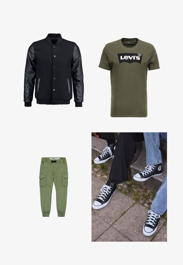 Čierna bomber bunda s vlneným telom a koženými rukávmi. Má stojačikový golier, predné patentky a bočné vrecká. Jednofarebná bez vzorov.; Olive zelené bavlnené tričko s veľkým čiernym logom Levi's na prednej strane. Klasický kruhový výstrih a krátke rukávy, hladká textúra.; Olivovo zelené tvilové jogger nohavice s elastickými manžetami, pásom na sťahovanie a viacerými nákladnými vreckami pre ďalšie úložisko. Hladká, odolná tkanina.; Čierne vysoké plátenné tenisky s bielymi gumovými podrážkami a šnúrkami, s okrúhlym logom na boku, skombinované s džínsami a čiernymi nohavicami.