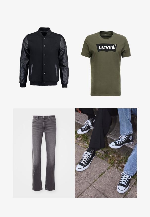 Chaqueta bomber negra con cuerpo de lana y mangas de cuero. Cuenta con un cuello alzado, botones de presión en el frente y bolsillos laterales. Color sólido sin patrones.; Camiseta de algodón verde oliva con un gran logo negro de Levi's en el frente. Cuello redondo clásico y mangas cortas, textura suave.; Vaqueros de mezclilla gris con corte recto, que presentan un clásico diseño de cinco bolsillos, cierre de botón y un sutil desgastado. Textura suave en toda su superficie.; Zapatillas de lona negras de caña alta con suelas y cordones de goma blanca, con un logo circular en el lado, combinadas con unos pantalones de mezclilla y negros.