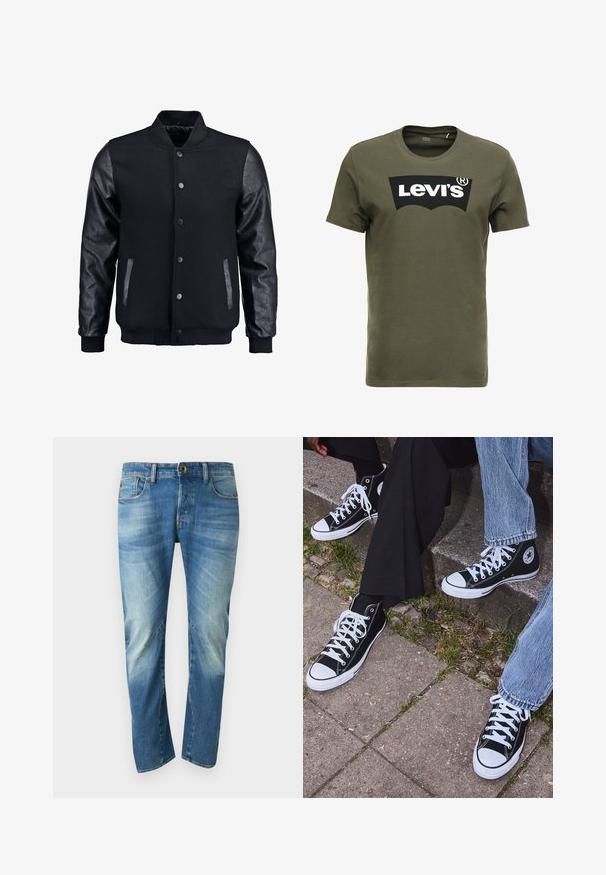 Črna bomberska jakna z volnenim telesom in usnjenimi rokavi. Ima stoječ ovratnik, sprednje snemljive gumbe in stranske žepke. Enobarvna, brez vzorcev.; Olivno zelena bombažna majica s kratkimi rokavi, ki na sprednji strani nosi velik črn logotip Levi's. Klasičen kroj z okroglim izrezom in gladka tekstura.; Modre izbledeli naravnost krojene kavbojke z petimi žepi, gumbnim zapiranjem in vidnimi šivi spredaj.; Črne visoke platnene teniske z belimi gumijastimi podplati in vezalkami, z ovalnim logotipom na strani, v kombinaciji z džinsom in črnimi hlačami.