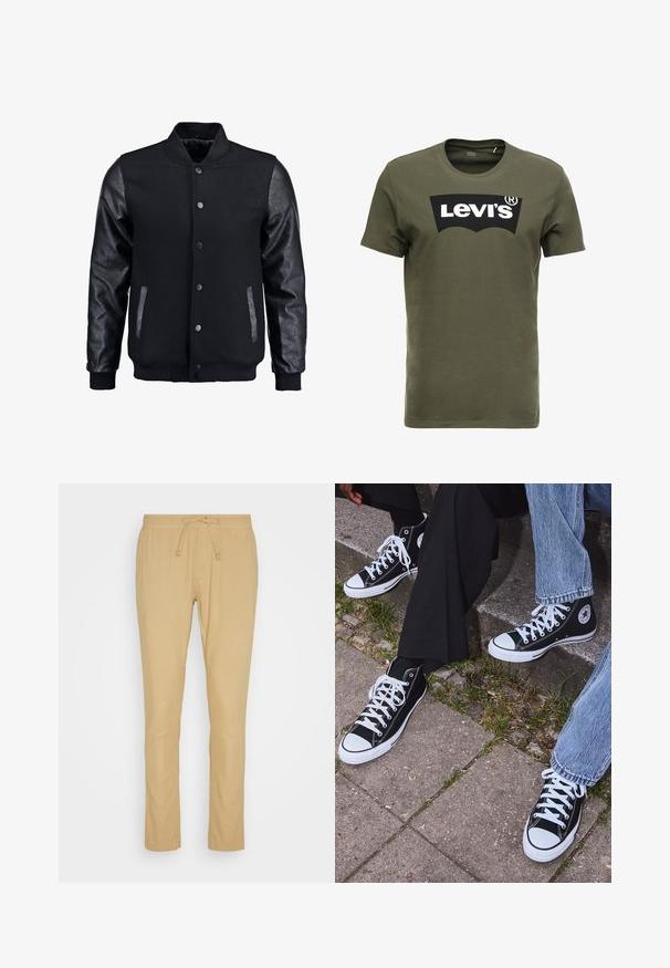Sort bomberjakke med uldkrop og læderærmer. Har en stående krave, frontknapper og sidelommer. Ensfarvet uden mønstre.; Oliven grøn bomulds t-shirt med et stort sort Levi's logo på forsiden. Klassisk rund hals og korte ærmer, glat tekstur.; Beige bukser lavet af letvægtsstof, med elastisk talje og snøre, lige snit og glat tekstur.; Sorte høje canvas sneakers med hvide gummisåler og snørebånd, prydet med et cirkulært logo på siden og parret med denim og sorte bukser.