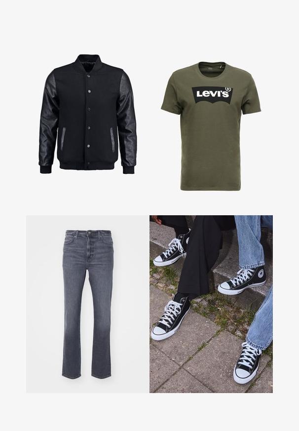 Juodas bomberio tipo švarkas su vilnoniu korpusu ir odinėmis rankovėmis. Savybės: stovintis apykaklė, priekiniai spaudiniai mygtukai ir šoniniai kišenės. Vienodos spalvos, be raštų.; Olive spalvos medvilnės marškinėliai su dideliu juodu „Levi's“ logotipu priekyje. Klasikinis apvalus kaklas ir trumpi rankovės, glotni tekstūra.; Pilkos džinsinės kelnės su tiesiu kirpimu, penkių kišenėmis, švelniu nusidėvėjimu, mygtuko ir užtrauktuko užtrauktuku bei klasikiniu liemeniu.; Juoda aukšta avalynė iš kanvos su baltais guminiais padais ir raišteliais, su apvaliu logotipu šone, derinama su džinsais ir juodomis kelnėmis.