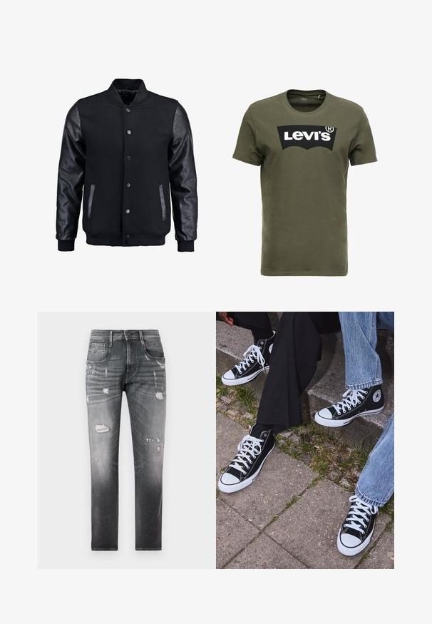 Blouson noir avec corps en laine et manches en cuir. Présente un col montant, des boutons-pression à l'avant et des poches latérales. Couleur unie sans motifs.; T-shirt en coton vert olive avec un grand logo noir Levi's sur le devant. Col rond classique et manches courtes, texture lisse.; Jean en denim noir décoloré avec des patchs usés. Comprend cinq poches, une fermeture à bouton et une coupe droite.; Baskets montantes en toile noires avec semelles et lacets en caoutchouc blancs, arborant un logo circulaire sur le côté et associées à un jean et un pantalon noir.