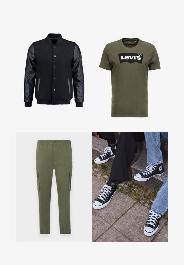 Svart bomberjacka med ullkropp och lädersleeves. Har en stående krage, framknappar med tryckknappar och sidofickor. Enfärgad utan mönster.; Olivgrön bomull t-shirt med en stor svart Levi's-logotyp på framsidan. Klassisk rund halsringning och korta ärmar, slät textur.; Cargo byxor i olivgrön, tillverkade av ett lätt material. Har elastisk midja, knappstängning och sidofickor med dragkedja.; Svarta högtopps kanvasskor med vita gummisulor och snören, med en cirkulär logotyp på sidan och kombinerade med jeans och svarta byxor.