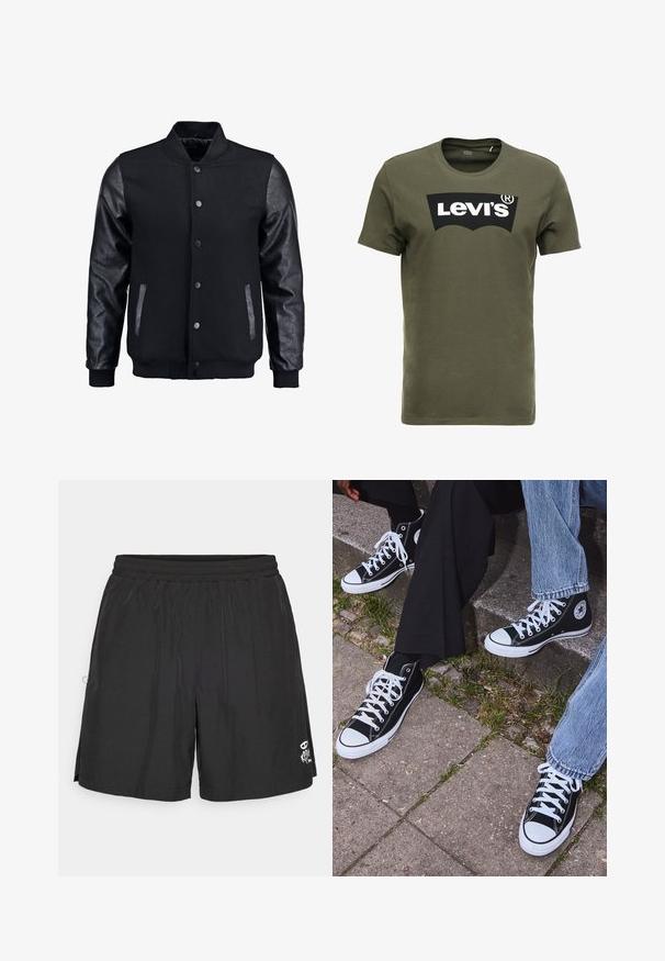 Juodas bomberio tipo švarkas su vilnoniu korpusu ir odinėmis rankovėmis. Savybės: stovintis apykaklė, priekiniai spaudiniai mygtukai ir šoniniai kišenės. Vienodos spalvos, be raštų.; Olive spalvos medvilnės marškinėliai su dideliu juodu „Levi's“ logotipu priekyje. Klasikinis apvalus kaklas ir trumpi rankovės, glotni tekstūra.; Juodi elastiniai šortai su maža balta grafika apatinėje priekinėje pusėje, skirti laisvalaikio arba sportinei aprangai.; Juoda aukšta avalynė iš kanvos su baltais guminiais padais ir raišteliais, su apvaliu logotipu šone, derinama su džinsais ir juodomis kelnėmis.