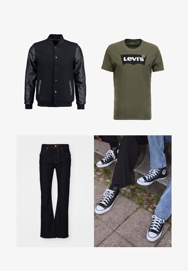 Črna bomberska jakna z volnenim telesom in usnjenimi rokavi. Ima stoječ ovratnik, sprednje snemljive gumbe in stranske žepke. Enobarvna, brez vzorcev.; Olivno zelena bombažna majica s kratkimi rokavi, ki na sprednji strani nosi velik črn logotip Levi's. Klasičen kroj z okroglim izrezom in gladka tekstura.; Temno modri kavbojki z razširjenimi hlačnicami, kontrastnim oranžnim šivom, z gumbom za zapiranje in sprednjimi žepi. Preprost dizajn brez vzorcev.; Črne visoke platnene teniske z belimi gumijastimi podplati in vezalkami, z ovalnim logotipom na strani, v kombinaciji z džinsom in črnimi hlačami.
