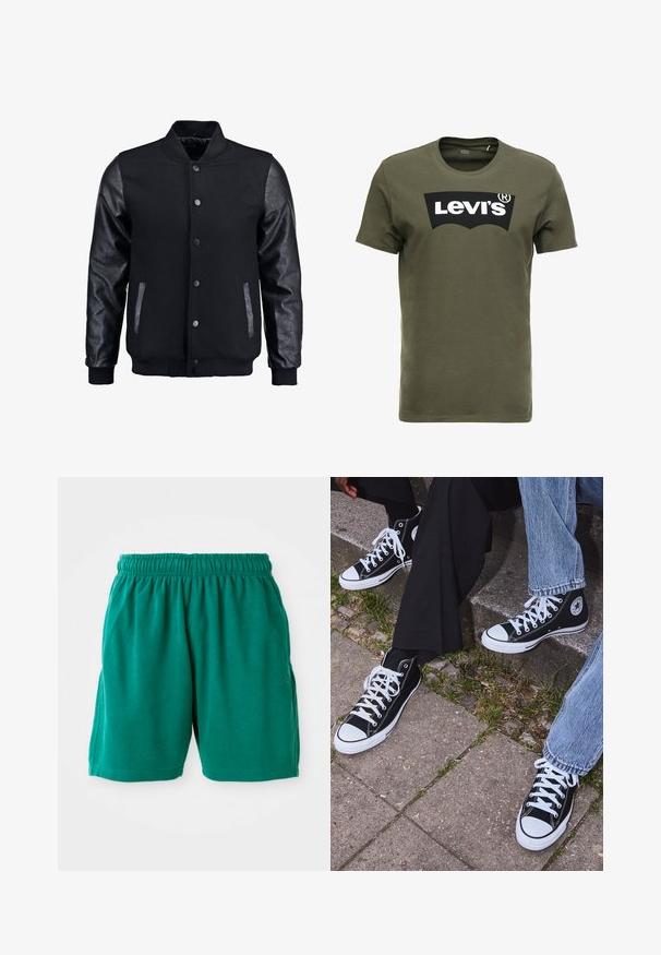 Černá bomber bunda s tělem z vlny a koženými rukávy. Má stojací límec, přední zacvakávací knoflíky a boční kapsy. Jednoduchá barva bez vzorů.; Olivově zelené bavlněné tričko s velkým černým logem Levi's na přední straně. Klasický kulatý výstřih a krátké rukávy, hladká textura.; Zelené bavlněné šortky s elastickým pasem, bočními kapsami a prošitým lemem. Hladký materiál s uvolněným, pohodlným střihem.; Černé kanvasové tenisky s vysokým střihem, bílé gumové podrážky a tkaničky, s kulatým logem na boku a spárované s džíny a černými kalhotami.