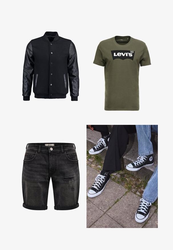Juodas bomberio tipo švarkas su vilnoniu korpusu ir odinėmis rankovėmis. Savybės: stovintis apykaklė, priekiniai spaudiniai mygtukai ir šoniniai kišenės. Vienodos spalvos, be raštų.; Olive spalvos medvilnės marškinėliai su dideliu juodu „Levi's“ logotipu priekyje. Klasikinis apvalus kaklas ir trumpi rankovės, glotni tekstūra.; Juodi džinsiniai šortai su nudėvėtu apdailu, turintys sukamučius, penkių kišenių dizainą ir subtilų blukimą tekstūrai bei detalei.; Juoda aukšta avalynė iš kanvos su baltais guminiais padais ir raišteliais, su apvaliu logotipu šone, derinama su džinsais ir juodomis kelnėmis.