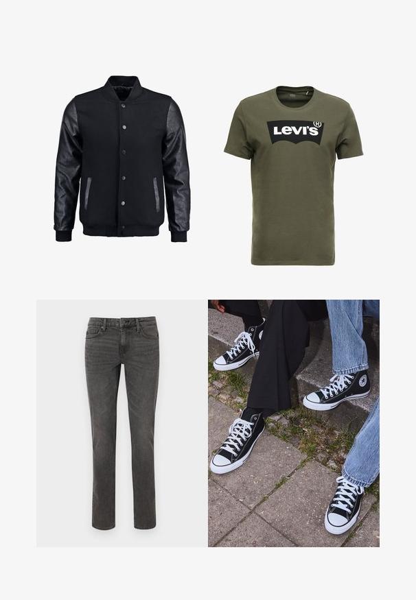 Sort bomberjakke med uldkrop og læderærmer. Har en stående krave, frontknapper og sidelommer. Ensfarvet uden mønstre.; Oliven grøn bomulds t-shirt med et stort sort Levi's logo på forsiden. Klassisk rund hals og korte ærmer, glat tekstur.; Grå denimjeans med et lige ben, syninger, fem lommer og en metalknap lukning i taljen.; Sorte høje canvas sneakers med hvide gummisåler og snørebånd, prydet med et cirkulært logo på siden og parret med denim og sorte bukser.