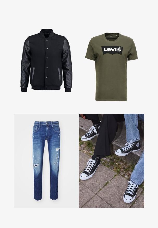 Fekete bomber dzseki gyapjú testtel és bőr ujjal. Jellemzője a felálló gallér, elöl gombos záródás, valamint oldalsó zsebek. Egyszínű, mintázat nélkül.; Olajzöld pamut póló, amelyen egy nagy fekete Levi's logó található az elején. Klasszikus kerek nyakkivágás és rövid ujjak, sima textúrával.; Sötétkék farmernadrág, kiborgott részletekkel, öt zsebes kialakítással és finom kopásokkal. Egyenes szárú, letisztult szegéssel.; Fekete magas szárú vászon sportcipők fehér gumi talppal és fűzőkkel, az oldalukon kör alakú logóval, farmernadrággal és fekete nadrággal párosítva.