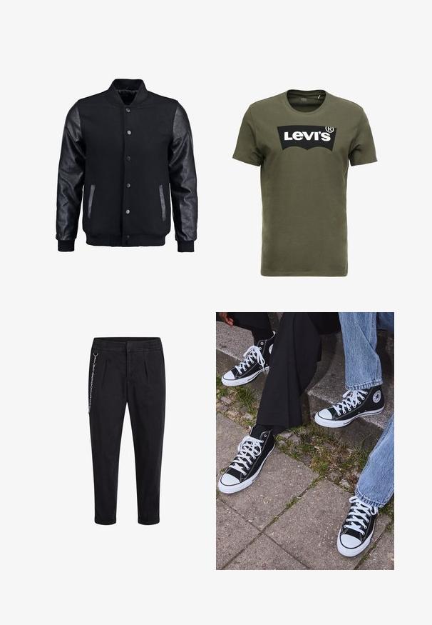 Jachetă bomber neagră cu corp din lână și mâneci din piele. Dispune de un guler în picioare, nasturi pe partea din față și buzunare laterale. Culoare solidă, fără modele.; Tricou din bumbac de culoare verde măsliniu, cu un mare logo negru Levi's pe față. Guler clasic și mâneci scurte, textură netedă.; Pantaloni negri cu un tiv elastic, având plii frontale și un accent dintr-un lanț argintiu pe partea stângă. Material din amestec de bumbac.; Sneakers negre din pânză până la glezne cu tălpi și șireturi albe, având un logo circular pe lateral și purtate cu blugi și pantaloni negri.