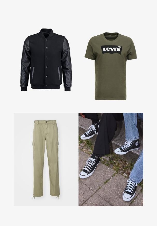 Svart bomberjacka med ullkropp och lädersleeves. Har en stående krage, framknappar med tryckknappar och sidofickor. Enfärgad utan mönster.; Olivgrön bomull t-shirt med en stor svart Levi's-logotyp på framsidan. Klassisk rund halsringning och korta ärmar, slät textur.; Kaki cargobyxor i bomull, med elastisk midja, två sidofickor och dragsko vid anklarna.; Svarta högtopps kanvasskor med vita gummisulor och snören, med en cirkulär logotyp på sidan och kombinerade med jeans och svarta byxor.
