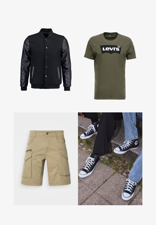 Black bomber jacket with wool body and leather sleeves. Features a standing collar, front snap buttons, and side pockets. Solid color with no patterns.; Olive green cotton t-shirt featuring a large black Levi's logo on the front. Classic crewneck and short sleeves, smooth texture.; Beige cargo shorts made of durable fabric, featuring multiple pockets, a zippered side pocket, and stitched detailing. Standard waistband with button.; Black high-top canvas sneakers with white rubber soles and laces, featuring a circular logo on the side and paired with denim and black pants.