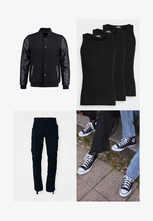 Black bomber jacket with wool body and leather sleeves. Features a standing collar, front snap buttons, and side pockets. Solid color with no patterns.; Black tank tops in a pack of three. Ribbed texture, standard crew neckline, no sleeves. Hem features small brand logo at the bottom.; Black cargo pants made of cotton, featuring multiple side pockets, a zip pocket, and a straight leg design with adjustable ankle straps.; Black high-top canvas sneakers with white rubber soles and laces, featuring a circular logo on the side and paired with denim and black pants.