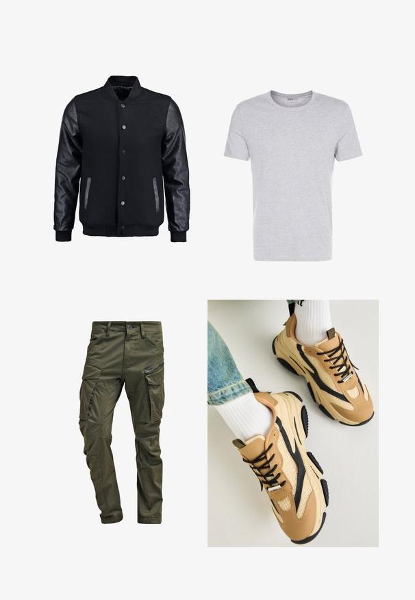 Black bomber jacket with wool body and leather sleeves. Features a standing collar, front snap buttons, and side pockets. Solid color with no patterns.; Gray cotton t-shirt with a crew neck, short sleeves, and a plain design, featuring a soft, smooth texture and no visible patterns or embellishments.; Olive green cargo pants made from sturdy cotton. Features multiple pockets, a zippered side pocket, and tapered legs with a slightly textured finish.; Steve Madden POSSESS - Trainers - khaki